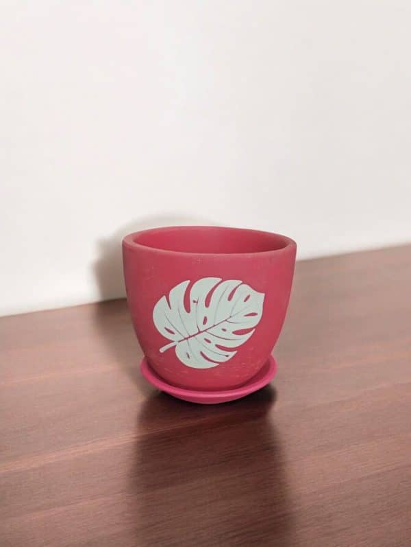 Leafy Print Red Terracotta Pot - 4 inch dia